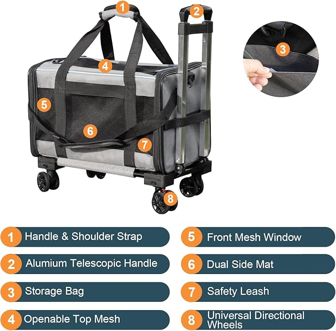 Pet Carrier with Wheels - Soft-Side Wheeled Cat Carrier for Dogs with Telescopic Handle, Collapsible Rolling Pet Travel Bag Carrier for Large Cats Small Medium Dogs for Camping Vet Visiting Grey