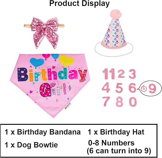 ADOGGYGO Dog Birthday Party Supplies, Pink Girl Dog Birthday Bandana Hat Numbers Bow Set for Medium Large Dogs (Large)