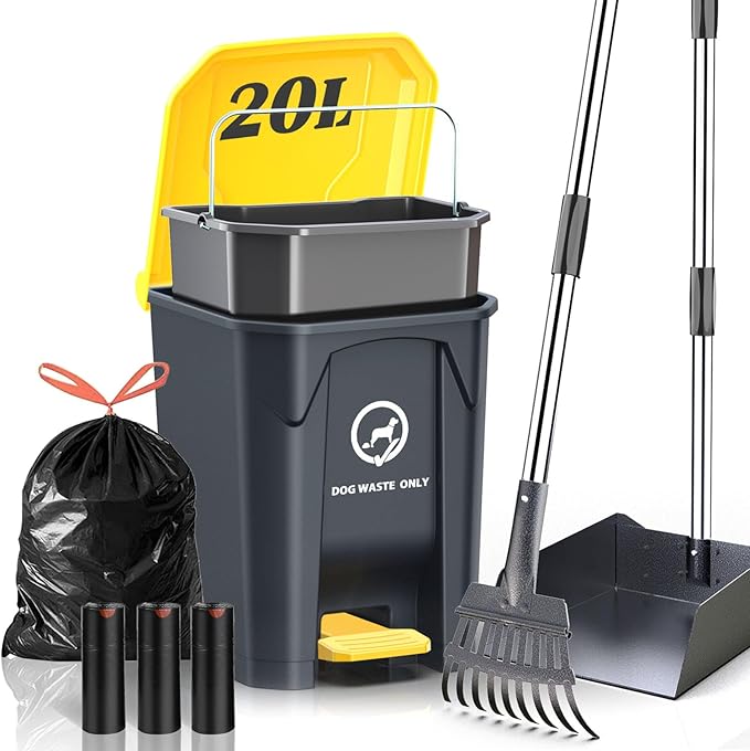 Outdoor Dog Poop Trash Can with Pooper Scooper & 60 Free Poop Bags -20 L/5.2 Gallon Dog Waste Trash Can Pet Waste Disposal Station with Inner Bucket - Metal Dog Pooper Scooper Great Dogs