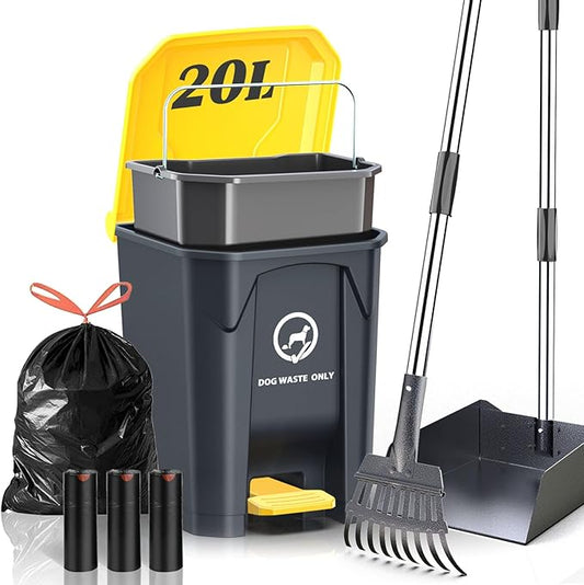 Outdoor Dog Poop Trash Can with Pooper Scooper & 60 Free Poop Bags -20 L/5.2 Gallon Dog Waste Trash Can Pet Waste Disposal Station with Inner Bucket - Metal Dog Pooper Scooper Great Dogs
