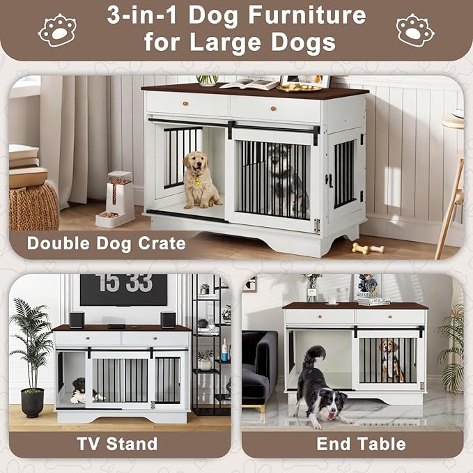 Dog Crate Furniture for 2 Dogs, Dog Kennel with 2 Storage Drawers & Divider, Large Double Dog Cage As TV Stand, Furniture Style Dog Crates with Sliding Barn Door (Brown & White)