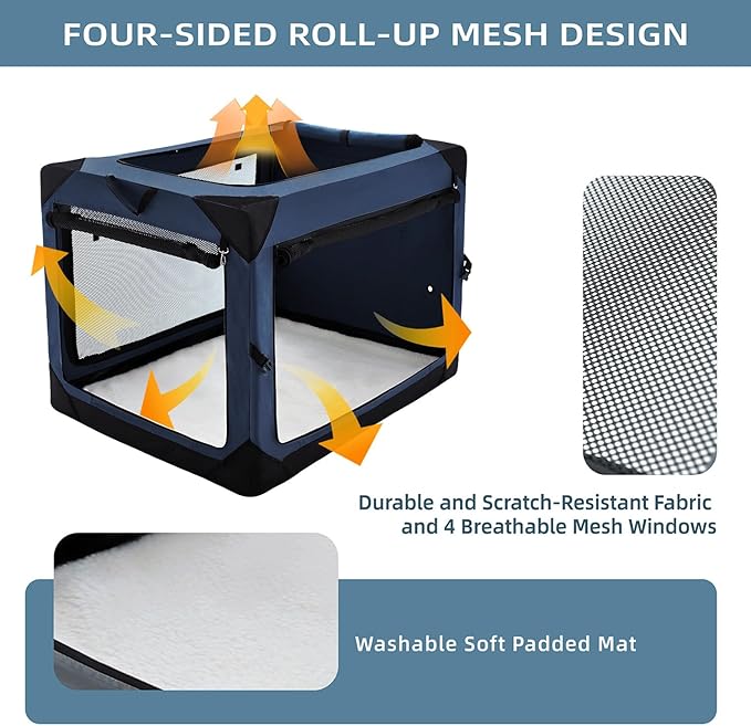 Pettycare 42 Inch Collapsible Dog Crate for Large Dogs, 4-Door Foldable Soft Side Kennel with Chew Proof Mesh Windows, Indoor & Outdoor Travel Crate, Navy Blue