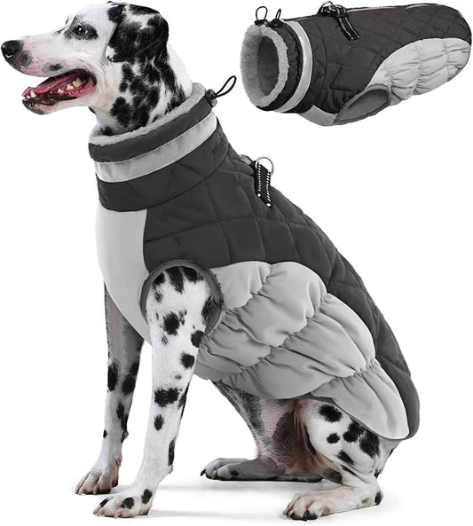 AOFITEE Dog Coat, Warm Dog Winter Coat for Large Dogs, Reflective Turtleneck Dogs Jacket with Harness Built in, Waterproof Windproof Pet Puffer Jacket Fleece Vest for Cold Weather, Grey XXXL
