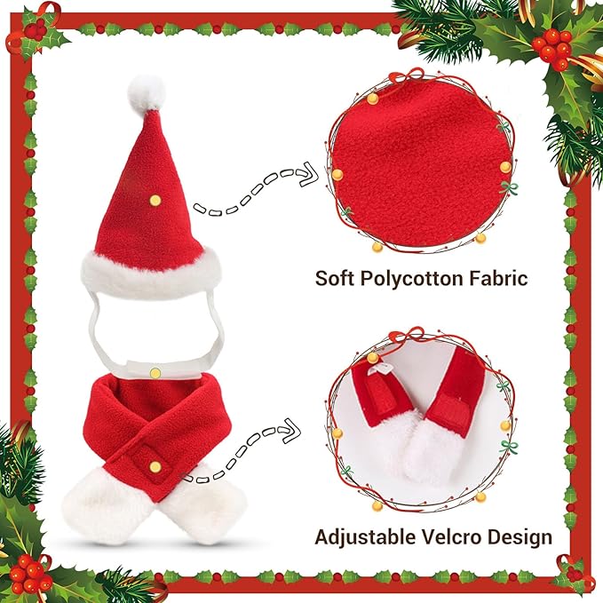 Cat Santa Hat with Scarf, Christmas Costume Suit for Cats Small Dogs Rabbits Doll, Holiday Party Decoration for Pets, Red S