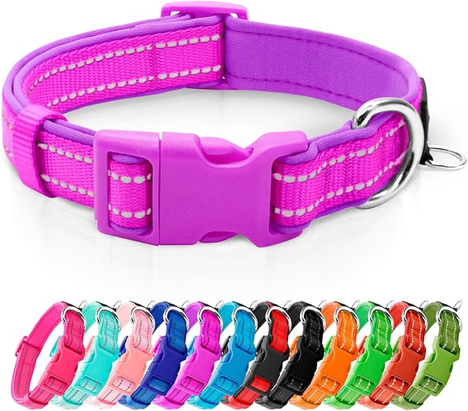 azuza Reflective Dog Collar,Soft Neoprene Padded Pet Collar with ID Tag Ring,Adjustable for Puppy and Small Dogs,Purple,XS