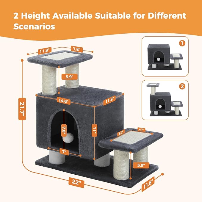 3-in-1 Dog Stairs & Cat Scratching Post with Condo, Pet Steps for High Bed, Sofa, Couch, Tall Cat Tower, High-Strength Board for Indoor Small Cats Kittens Dogs Climbing Playing, 3 Steps-Dark Grey