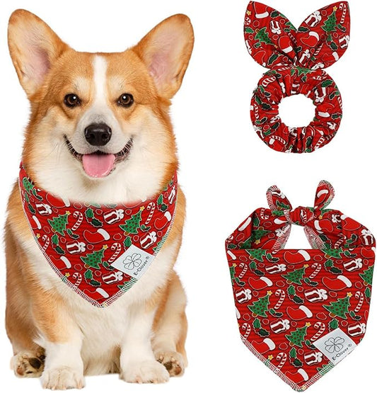 E-Clover Christmas Dog Bandanas & Matching Scrunchie Set Green Red Dog Scarf Bibs Pet Bandana with Bow Tie for Small Dogs Puppy Owner Mom Winter