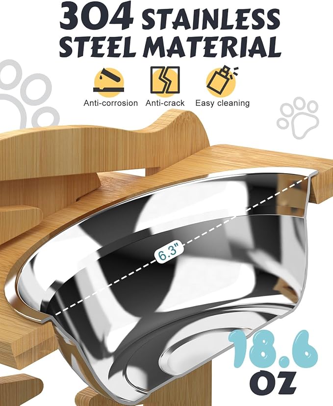 Elevated Dog Bowls, Adjustable Raised Dog Bowl Stand for Small Size Dogs and Cats, Durable Bamboo Dogs Feeder with 2 Stainless Steel Bowls and Non-Slip Feet, Pet Food Bowl with Mat