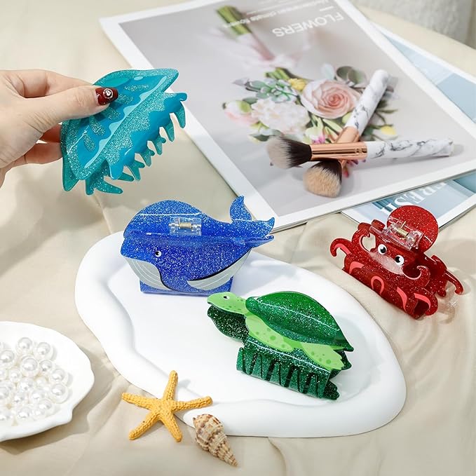 4PCS Sea Animals Hair Clips for Women Girls Large Ocean Hair Claw Marine Life Under the Sea Turtle Whale Octopus Jellyfish Beach Hair Accessories with Sturdy Grip Keep Hairstyle for Thick or Thin Hair