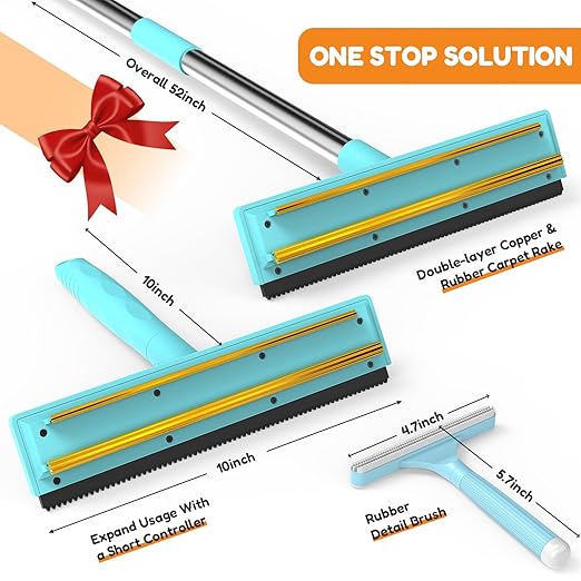 3 In 1 Carpet Rake for Pet Hair Removal with Long & Short Handle and Rubber Detail Brush, Carpet Brush for Pet Hair, Deep Cleaning Pet Hair Removal Broom for Carpets Couches Rugs Bed Furniture