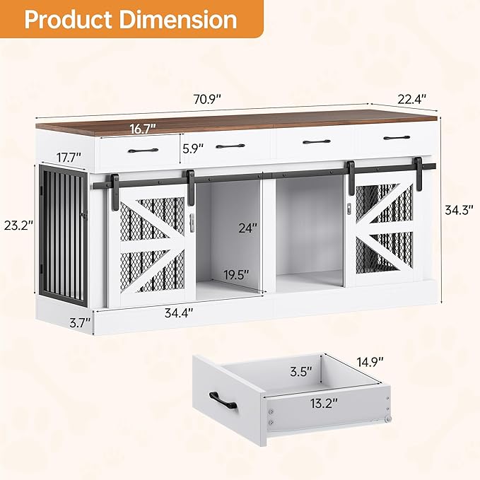 Extra Large Dog Crate Furniture for 2 Dogs, 71'' Dog Kennel Indoor with Removable Divider and 4 Storage Drawers, Sturdy Wooden Dog Crate TV Stand with 4 Doors for Large Medium Small Dogs