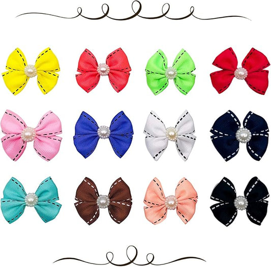 PET SHOW 10Pcs 2" Dotted Line Small Dog Hair Bows with French Clips Pet Bowknot Barrette Bows Puppy Topknot Medium Dogs Grooming Hair Accessories for Doggies Cat Kitten Rabbit