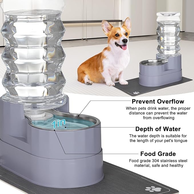 RIZZARI Large Water Dispenser for Dogs: 8L Gravity Gray Automatic Stainless Steel Waterer - 100% BPA Free - Raised Pet Feeder for Senior Dogs with Joint Pain in Bedroom Garden