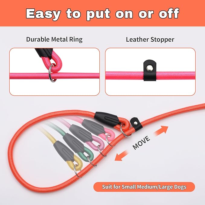 3-Pack Adjustable Dog Slip Leads Pink/Light Blue/Orange - Super-Strong, Easy On/Off, No Collar Needed, Standalone Use, Eye-Catching for Walking/Training