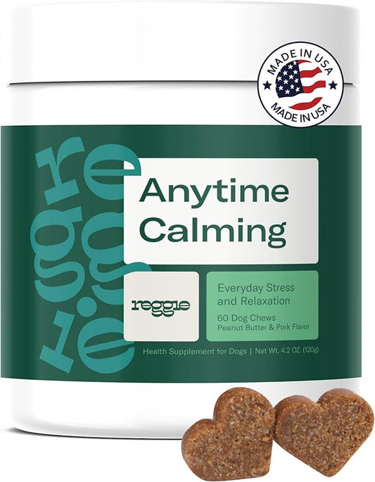 Reggie Anytime Calming Chews for Dogs | Natural Anxiety Relief with L-Theanine & Magnolia Barks | Calming Dog Treats for Separation Anxiety, Thunderstorms, Travel & Stress | 60 Soft Chews