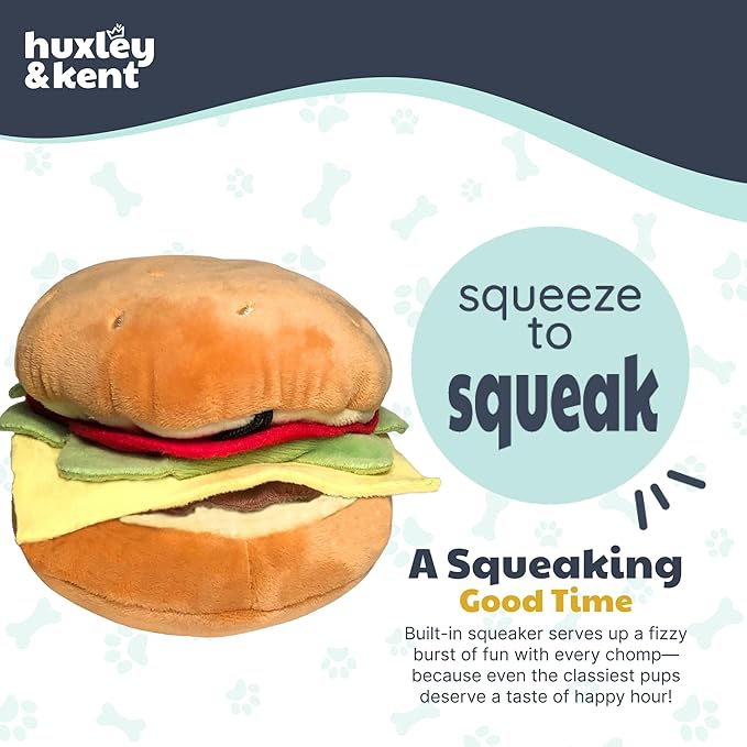 Huxley & Kent Funny Dog Toy w/Squeaker – Power Plush Squeaky Dog Toys for Small, Medium & Large Dogs – Soft Stuffed Animal for Indoor Play & Fetch - Hamburger, Small