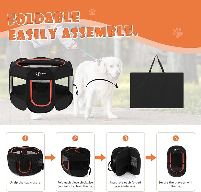 Dog Playpen, Medium Puppy Pet Playpen, Dog Crate Tent Cage Indoor/Outdoor, Portable Pop Up Dogs Kennel Playpen with Carrying Case for Dogs/Cats/Rabbitss, Black