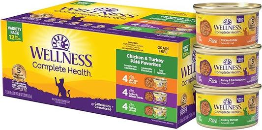 Wellness Complete Health Pate Adult Wet Cat Food, Natural, Protein-Rich, Grain Free, 3 Ounce, 12 Pack, (Chicken & Turkey Favorites Variety Pack)