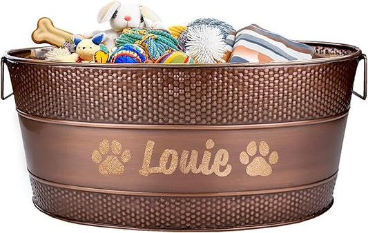 Personalized Metal Dog Toy Bin - Copper Galvanized Storage Bin with Handles, Basket for Pet Toys, Dog Toy Box, Pet Storage - Custom Dog Name Gift (Large)