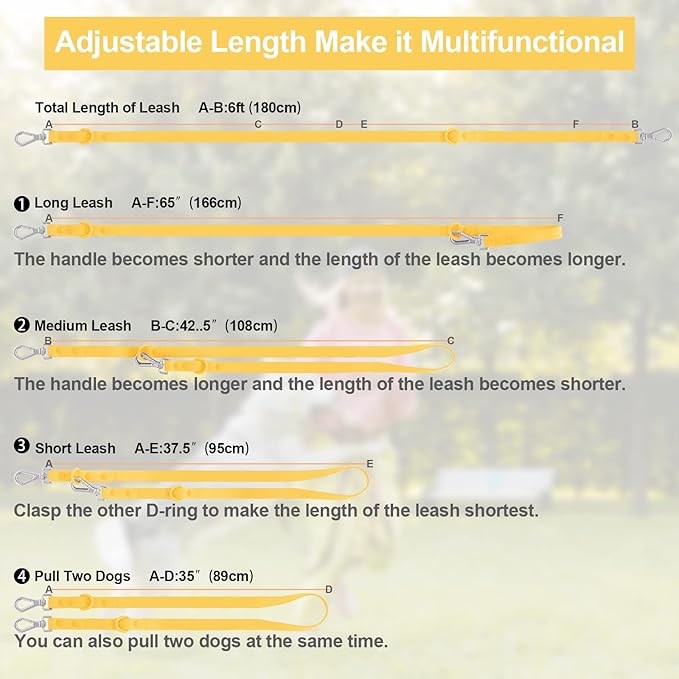 Wisedog Waterproof Dog Leash – 5ft/6ft Adjustable with 2 Hooks & Traffic Handle, Easy to Clean Double Clip Leash for Small, Medium, Large Dogs (Butter Yellow L)