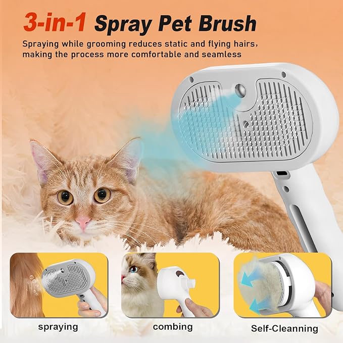 Dog Steam Brush 3 in 1 Cat Brush with Steam and Release Button Grooming Tool for Indoor Pets Dogs Hair Removal Shedding Water for Small Animals Long Short Haired(WHITE)