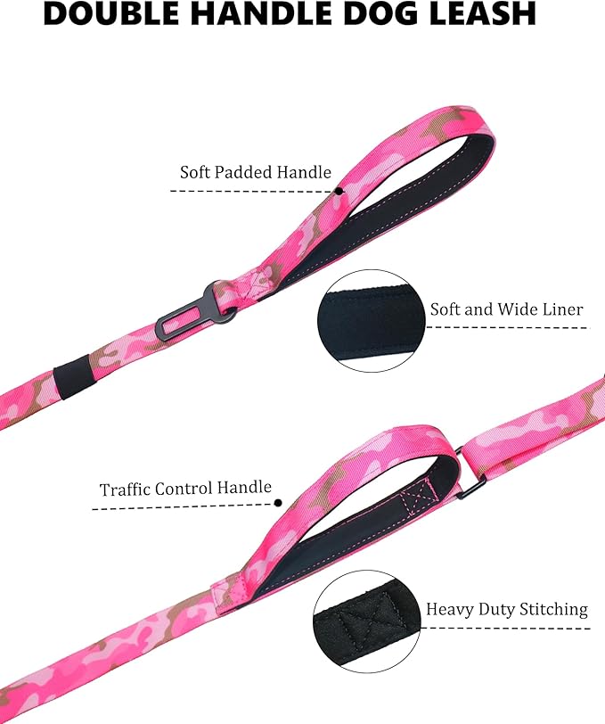 Hotsky Heavy Duty Dog Leash,4.5-6 FT Adjustable Durable Nylon Seatbelt Lead with Two Padded Traffic Handle and Carabiner for Large Medium and Small Breed Dogs,Pink Camo