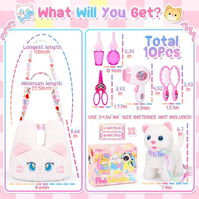 Interactive Cat Toys for Kids with Crossbody Bags, Stuffed Cat Plush with Leash Walking Meow Pretend Play Kitty Robot Pet Toy, Electronic Realistic Cute Stuff for Girls Plushies Toddler Toys