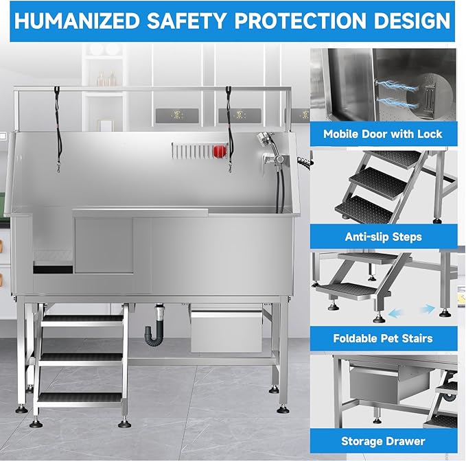 Dog Washing Station 46" Dog Grooming Tub with Left Stair& Faucet, Stainless Steel Dog Bathing Station for Home,Dog Bathtub for Large,Medium,Small Pets