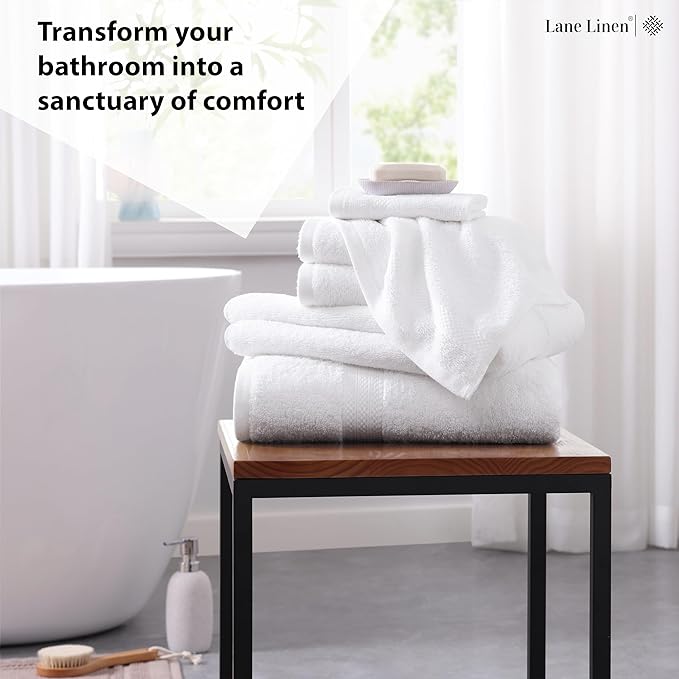 LANE LINEN 100% Cotton Luxury Bathroom Towel Set - 6 Pieces - Super Soft, Fluffy & Highly Absorbent - 2 Large Bath Towels, 2 Washcloths, 2 Hand Towels - Complete Family Pack - White Bath Towel Set