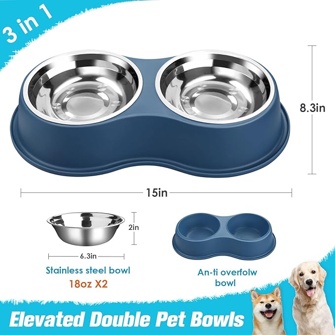 Dog Bowls Double Dog Water and Food Bowls Stainless Steel Bowls with Non-Slip Resin Station, Pet Feeder Bowls for Puppy Medium Dogs Cats