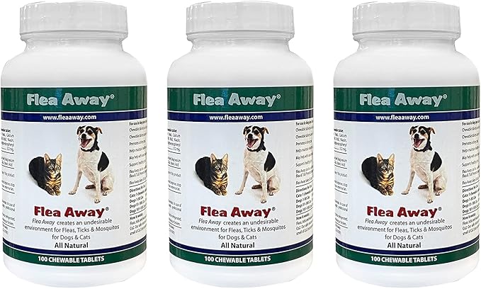 Flea Away All Natural Supplement for Fleas, Ticks, and Mosquitos Prevention for Dogs and Cats, 100 Chewable Tablets, 3 Pack