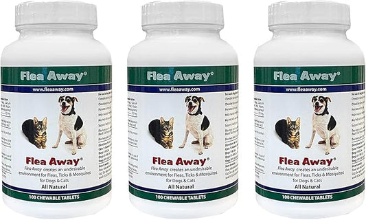 Flea Away All Natural Supplement for Fleas, Ticks, and Mosquitos Prevention for Dogs and Cats, 100 Chewable Tablets, 3 Pack