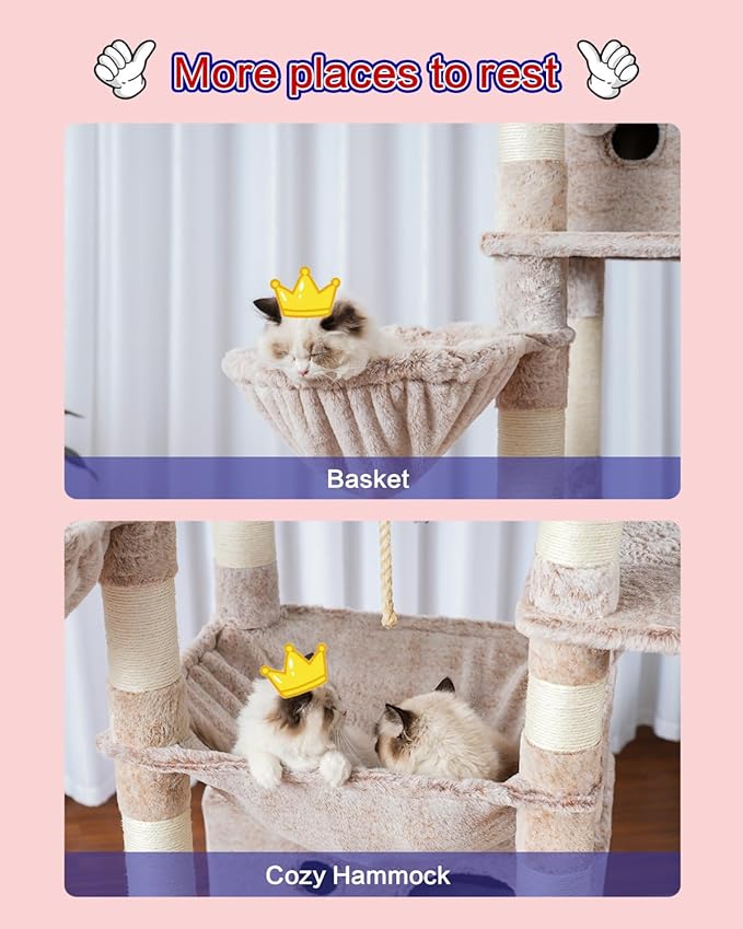 Cat Tree for Indoor Cats Large Adult, 74" Cat Tower with 3 Big Platforms, 2 Baskets, 2 Condos, Multi-Level Cat Scratching Posts, Muchroom GCT030MU