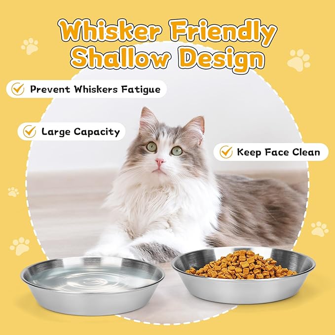 4-Pack Stainless Steel Cat Bowls for Food and Water, Shallow Whisker Friendly Non-Slip Silicone Bottom Dishes, Easy to Clean Indoor Feeding Kitten Metal Plate (5.9")