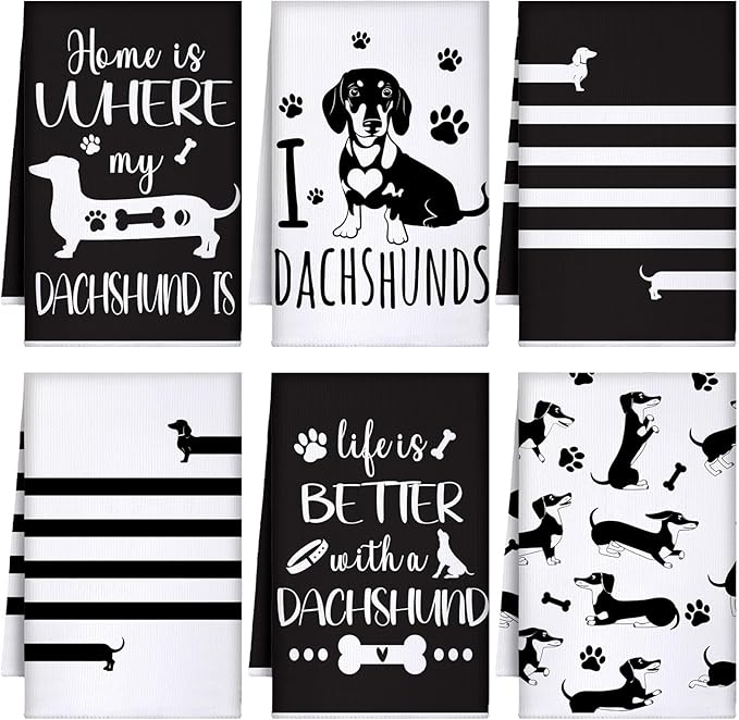 TecUnite 6 Pcs Dachshund Kitchen Towels Set Funny Long Dog Dishtowels Cute Dachshund Absorbent Decorative Hand Tea Towels for Cleaning Drying Women Mom Dog Lovers Housewarming Gifts Decor