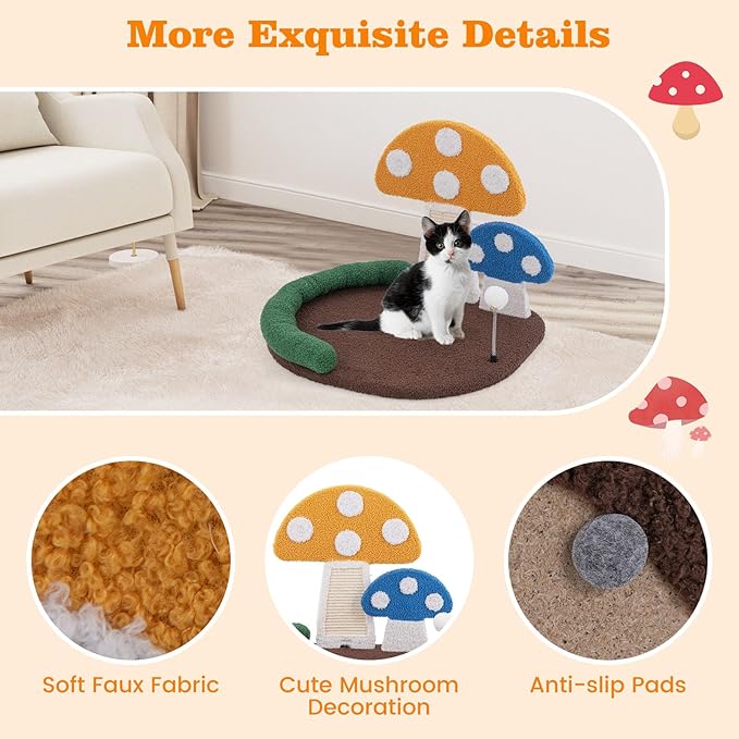 Tangkula Mushroom Cat Bed, Cat Claw Scratcher with Wide Large Platform, Sisal Scratching Panel, Spring Ball, PP Cotton Padded Headrest, Cat Tree House with Interactive Toys for Kittens