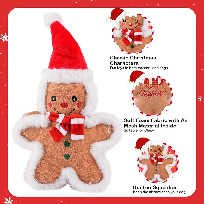 13.4'' Christmas Squeaker Dog Toys Stuffed Gingerbread Man Dog Plush Chew Toys Holiday Stocking for Small, Medium, Large Dogs Breed
