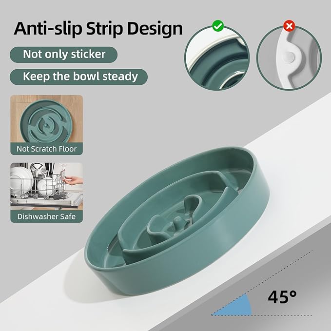 Ceramic 0.9 Cup Dog Bowl Slow Feeder for Small Dog, 6.1inch Pet Slow Feeder, Wet and Dry Food Dish, Stop Bloat, Preventing Choking(Single Bowl-Dark Green)