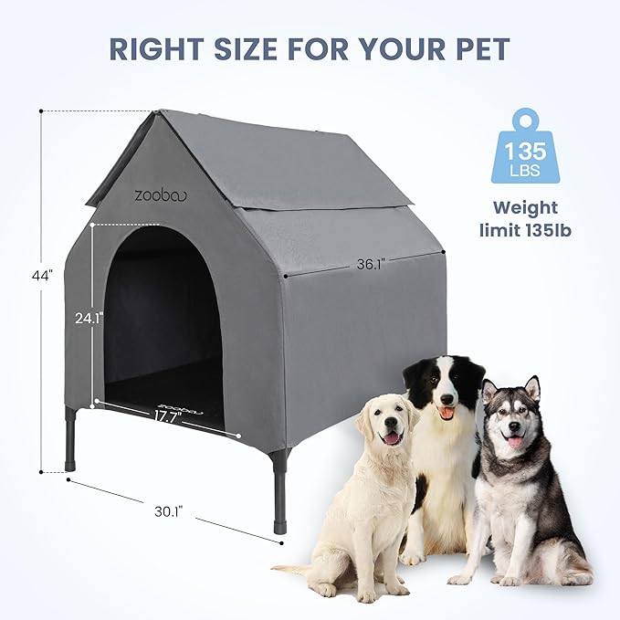 36" Large Dog House for Large Dog Indoor or Outside, Weatherproof 600D PVC Outdoor, Featuring Breathable 2x1 Textilene Elevated Dog Bed, Easy Clean (Grey)