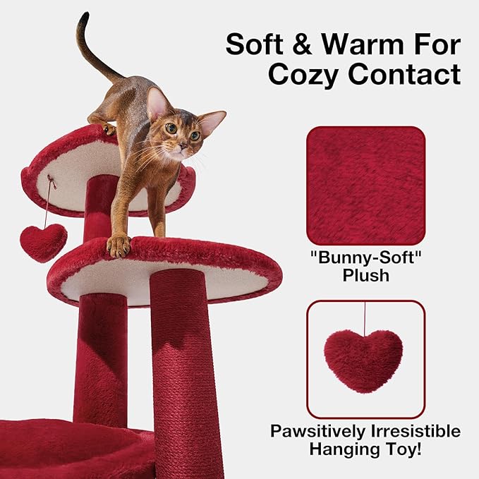 VETRESKA Cat Tree for Indoor Cats, Multi Level Cat Tower with Cat Scratching Post, Cute Cat Climbing Tree with Dangling Toy for Cats（Red）