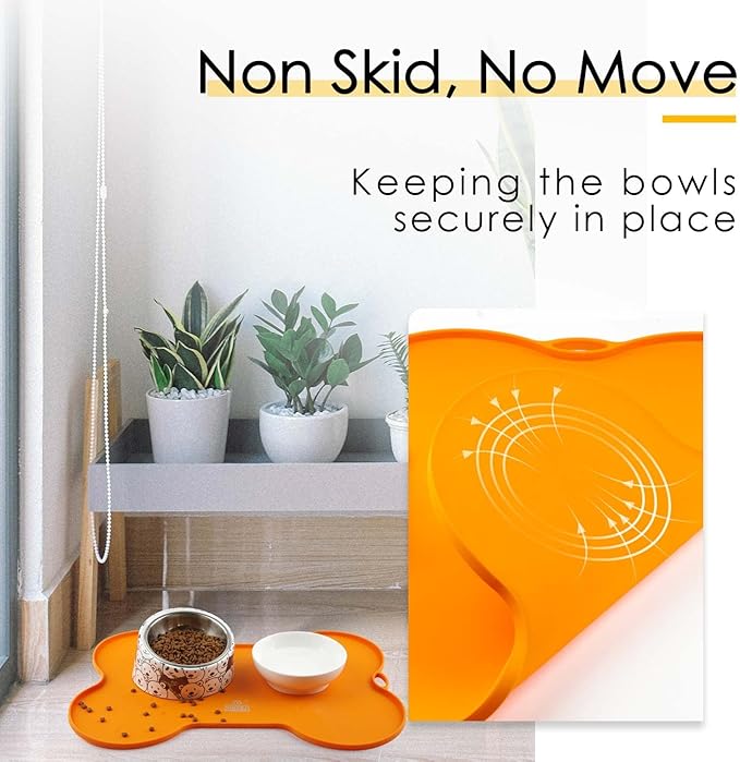 Dog Food Mat Dog Bowl Mat for Food and Water Silicone Non Spill Cat Feeding Mat Puppy Placemat Waterproof - 20.5" x 14.5", Orange