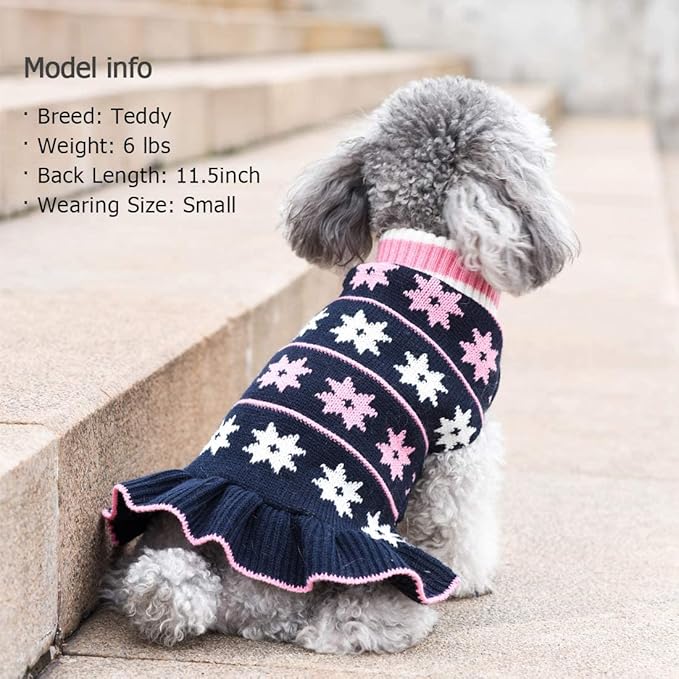 KYEESE Dog Sweater for Medium Dogs Fall Winter for Girl Dogs Clothes Warm Pet Coats with Leash Hole Pullover Dog Sweater Dress Knit Turtleneck Pet Sweater with Snow Flake Pattern, Navyblue, XX-Large