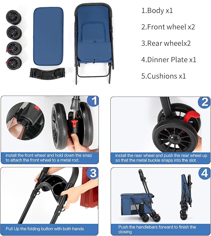 Pet Stroller Cat Dog Stroller Travel Folding Pet Carriers（Blue）