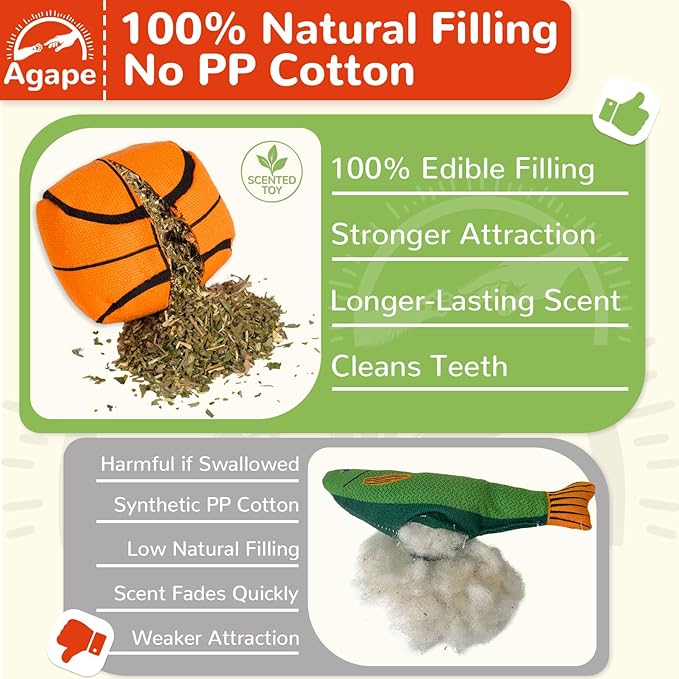 Agape 100% Catnip & Silvervine Filled Cat Toys, Interactive Chew & Kicker Balls for Indoor Cats, Enrichment and Teeth Cleaning Fun for Bored Cats and Kittens, 2 Pack Natural Crinkle Cat Toy with Sound