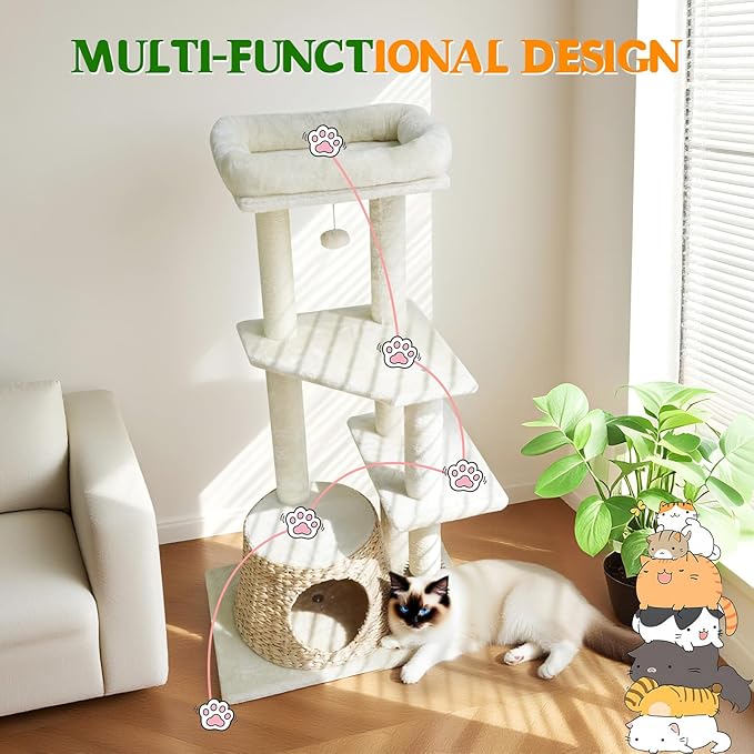 43.6” Rattan Cat Tree Tower with Woven Cat House - Multi-Level Condo & Scratching Posts - Sisal Poles, Grooming Brush, Plush Perch & Dangling Toy, Stylish Cat Furniture for Indoor Cats