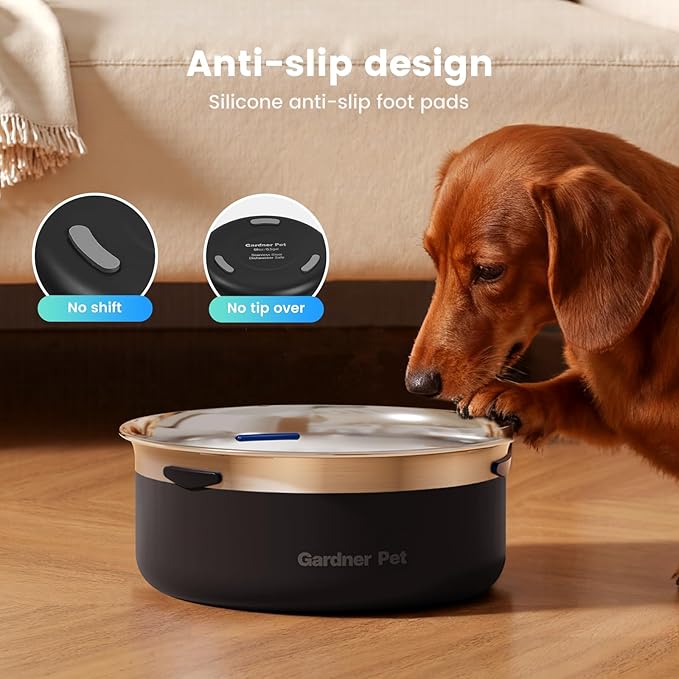 Gardner Pet Slow Water Bowl for Dogs, 2L/68oz Spill-Proof Pet Water Bowl with Floating Disk & Filter Screen, Stainless Steel No-Spill Water Dispenser for Small & Medium Pets