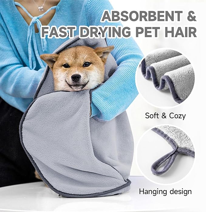 Dog Towels for Drying Dogs Small Medium Large, 2 Pack Dog Cat Drying Bath Towel 30.3"x13.8" with Hand Pocket,Absorbent Pet Towel for Dog Cat Grey