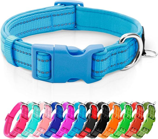 azuza Reflective Dog Collar, Soft Neoprene Padded Pet Collar with ID Tag Ring, Adjustable for Medium Dogs,Blue,M
