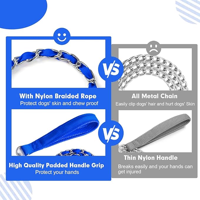 Heavy Duty Metal Dog Chain Leash with Comfortable PU Leather Padded Handle, Chew Proof for Small Medium Pooch Walking Training (4ft 3.0mm Blue)