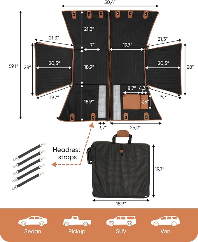Owleys Hard Bottom Pet Seat Cover for Back Seat – Heavy Duty Waterproof Dog Hammock Bed –Travel Protector for SUVs, Sedans & Trucks – Foldable Design - 2 Pockets – Mesh Ventilation Windows